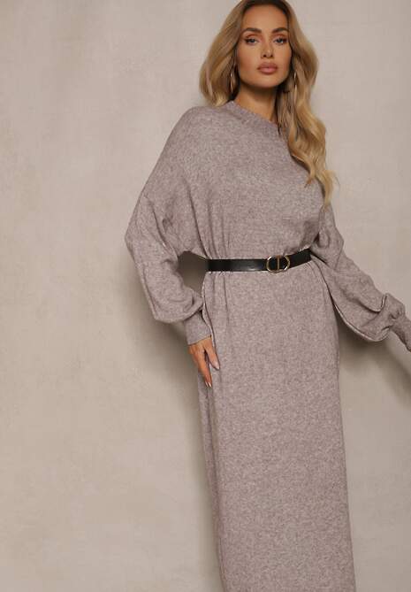 Beżowa Pudełkowa Sukienka z Wiskozą i Półgolfem Salindra