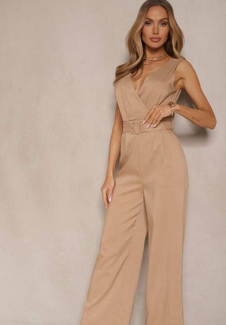Ciemnobeżowy Kopertowy Kombinezon z Bawełną Ozdobiony Paskiem Evianaria