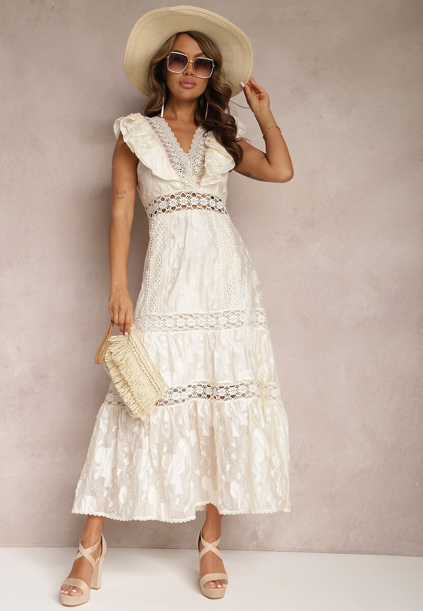 Jasnobeżowa Koronkowa Sukienka z Ażurowymi Wstawkami i Falbanką Rehlia