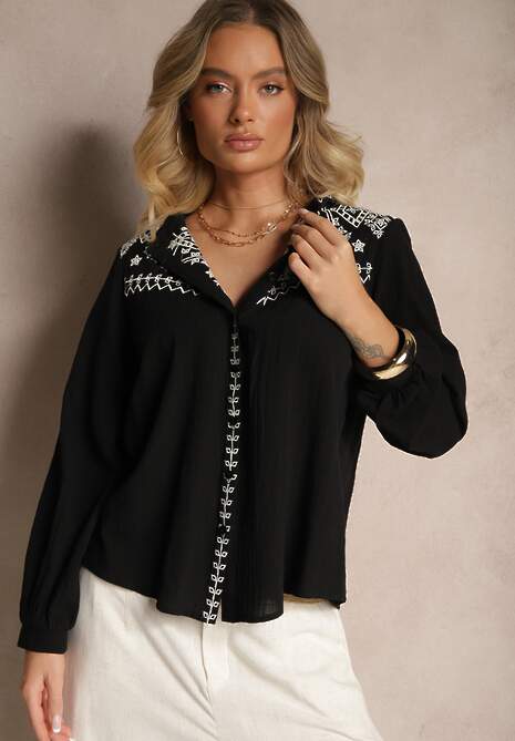 Czarna Bawełniana Koszula Boho z Haftowanym Wzorem Gonniva