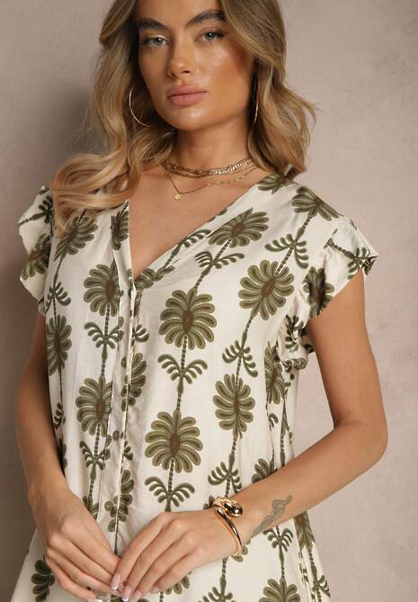 Biało-Zielona Rozkloszowana Sukienka w Kwiaty z Bawełną Efalithea