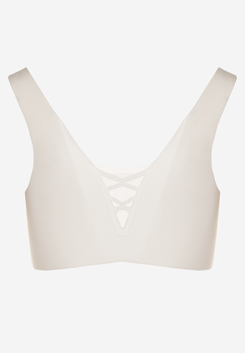 Biały Sportowy Biustonosz Zdobiony Siateczką i Gorsetową Aplikacją Salinalla