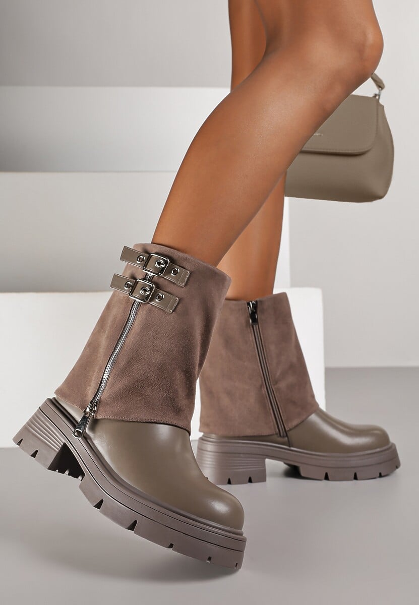 Brązowo-Szare Skórzane Botki Bikery Ozdobione z Wywiniętą Cholewką Klamrami i Suwakiem Adirrive