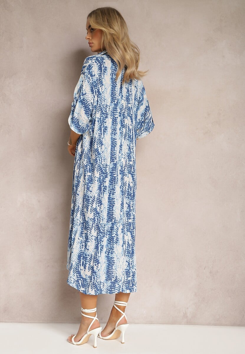 Niebieska Rozkloszowana Sukienka z Kołnierzykiem z Wiskozy z Modnym Wzorem Ilvana
