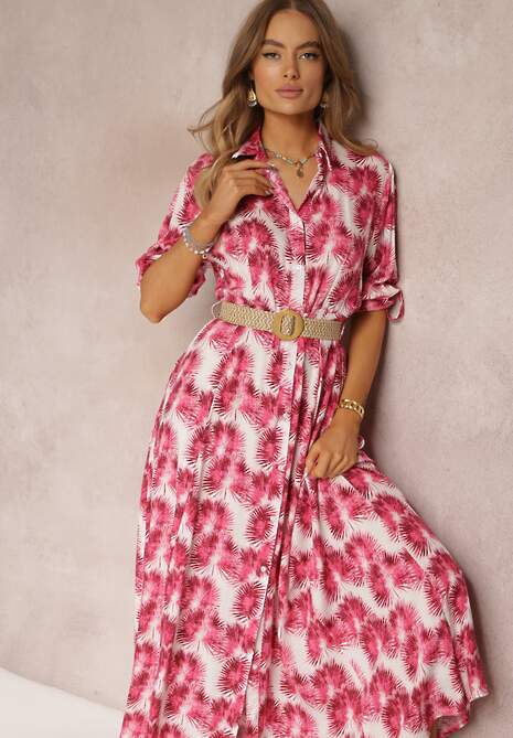 Fuksjowa Koszulowa Sukienka Maxi z Guzikami i Podpinanymi Rękawami Jaye