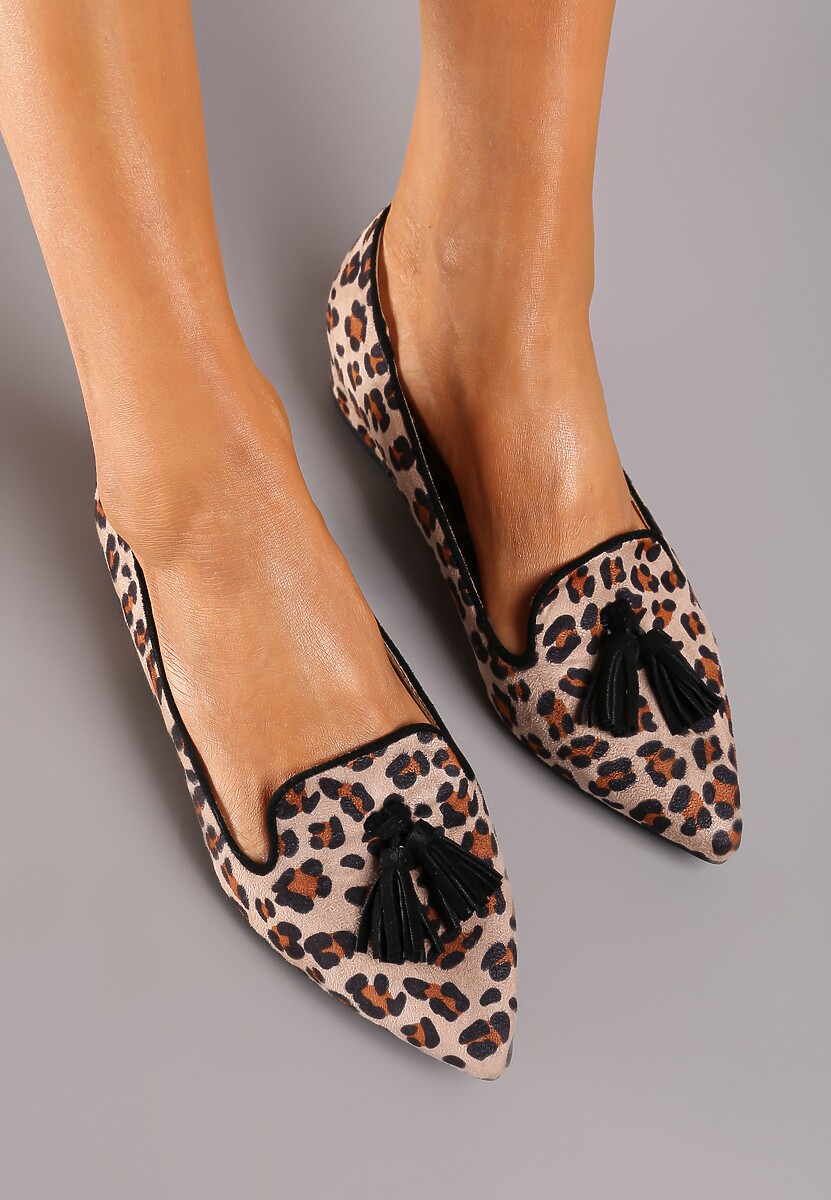 Beżowo-Czarne Czółenka Cętkowane z Frędzlami na Małym Obcasie Erisana