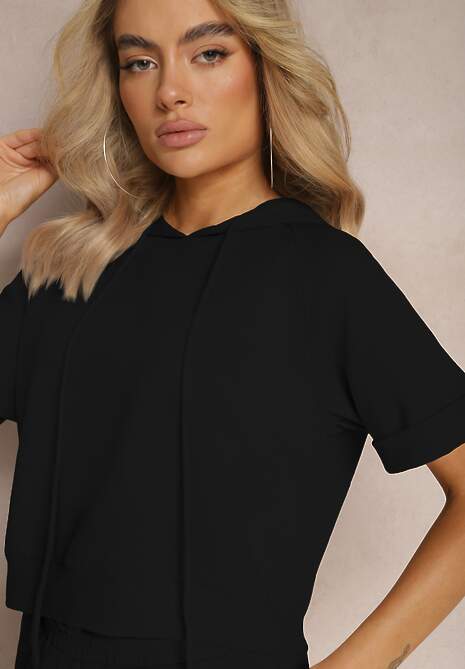 Czarny Komplet Dresowy Bluza z Kapturem i Krótkimi Rękawami oraz Szorty Choana