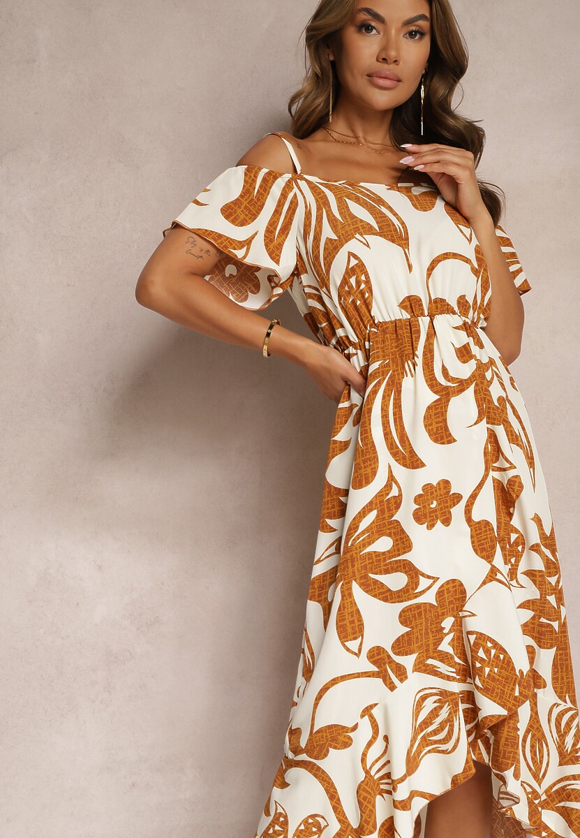 Brązowa Sukienka na Ramiączkach z Hiszpańskim Dekoltem i Gumką w Talii Nellondra