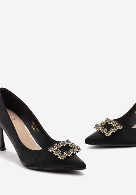 Czarne Szpilki z Metalicznym Połyskiem i Klamrą z Kryształkami Luneve