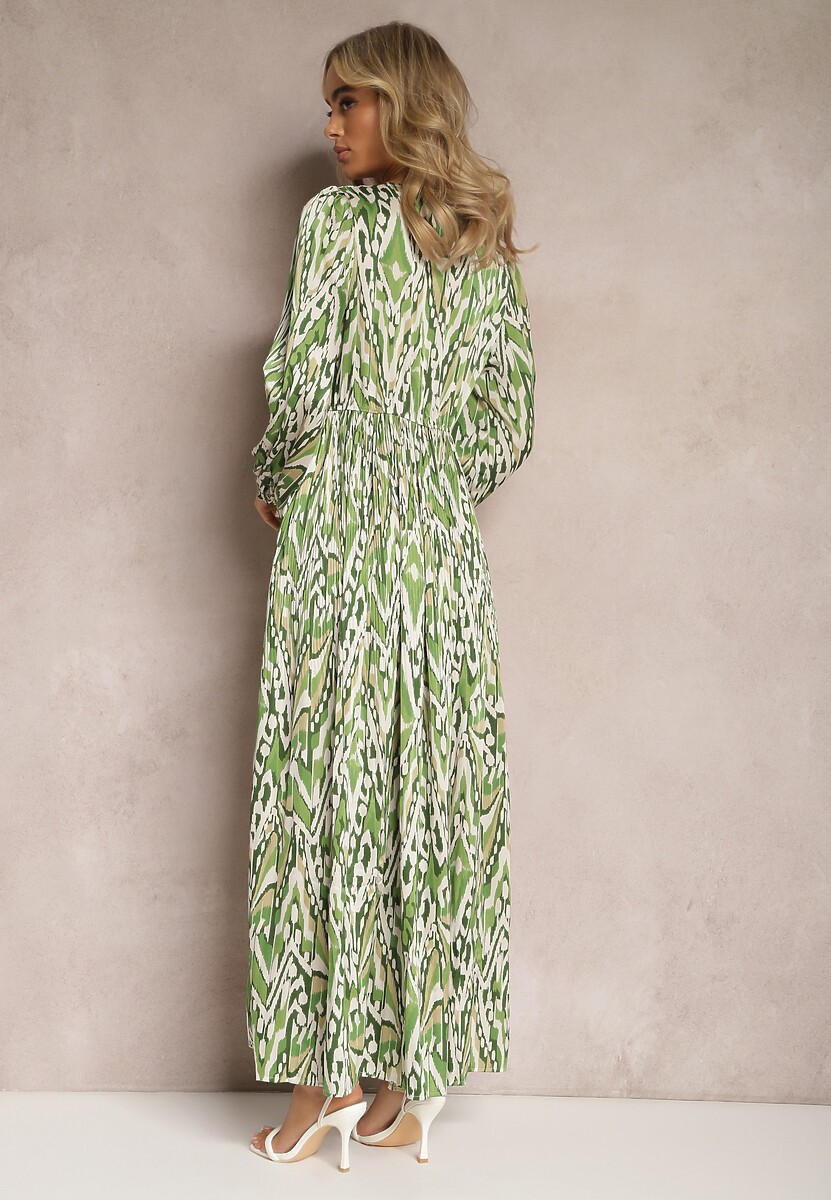 Zielona Rozkloszowana Sukienka Maxi z Gumką w Pasie Ozdobiona Abstrakcyjnym Wzorem Raliven
