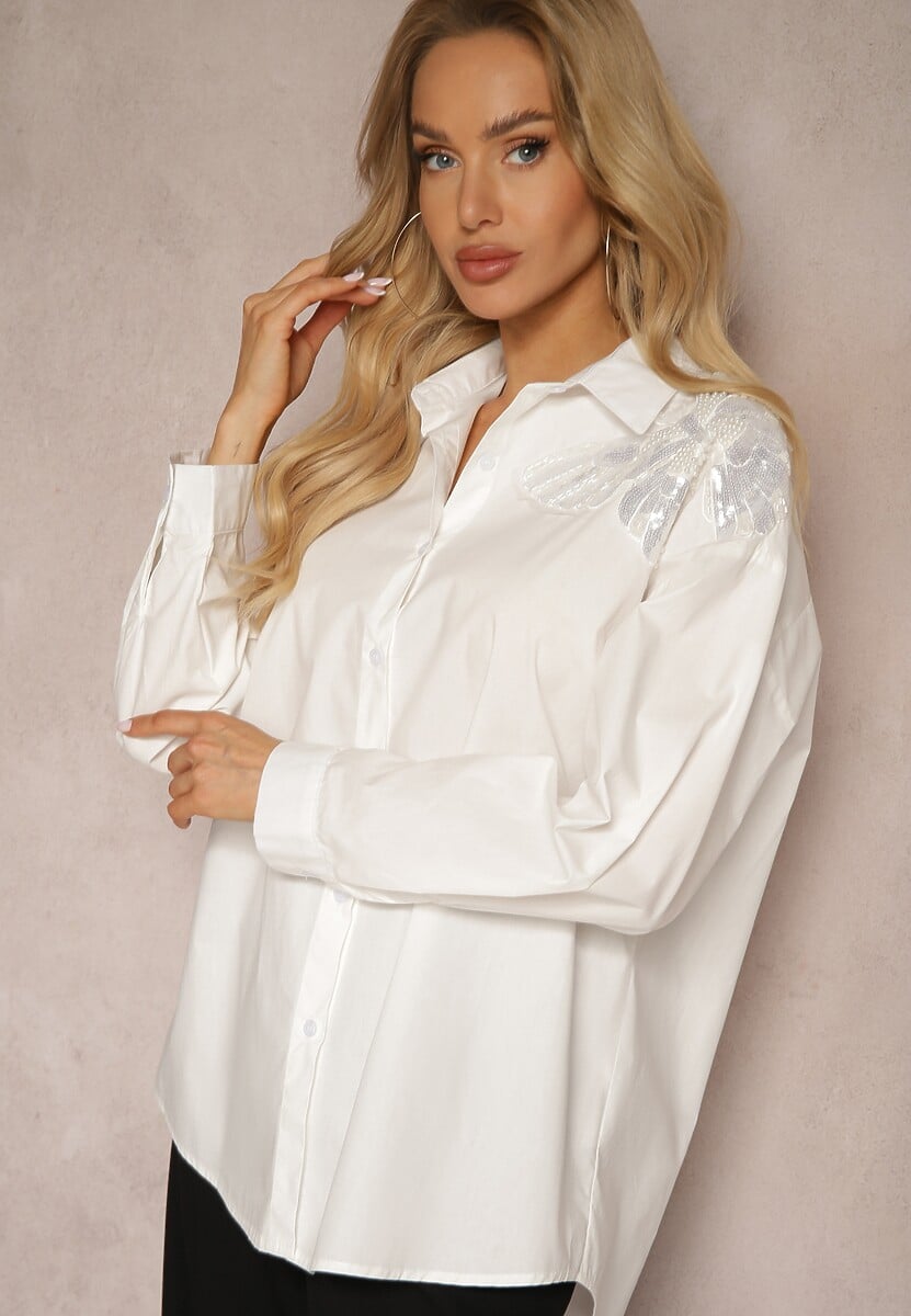 Biała Koszula z Bawełny Wykończona Cekinami i Perełkami Merithraea