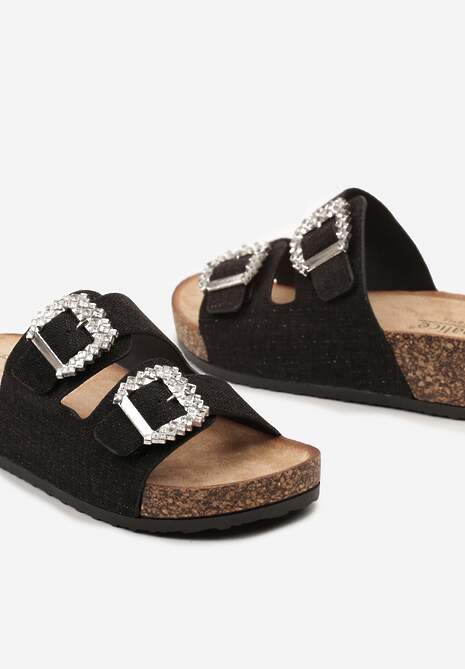 Czarne Klapki na Grubej Korkowej Podeszwie z Cyrkoniami i Metalicznymi Sprzączkami Elilahia