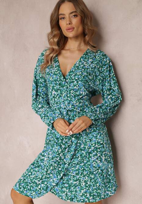 Zielona Sukienka Midi z Kopertowym Dekoltem i Gumką w Talii Sorioli