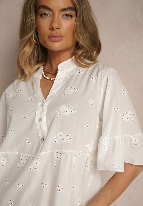 Biała Rozkloszowana Sukienka Koszulowa z Bawełny Zdobiona Haftem i Falbanami Filarosa