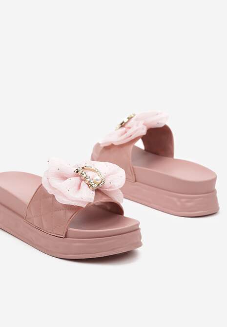 Różowe Klapki na Grubej Podeszwie z Ozdobną Kokardą Nelabis