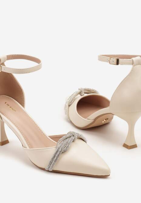 Beżowe Czółenka na Szpilce Vices z Cyrkoniową Kokardą Atennia