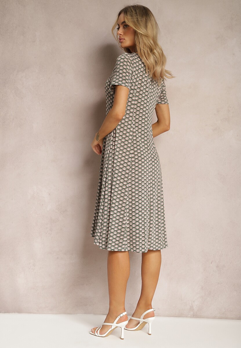 Zielono-Beżowa Wiskozowa Sukienka o Rozkloszowanym Fasonie Ibelia