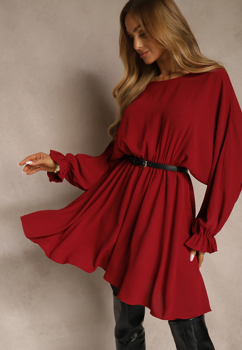 Bordowa Rozkloszowana Sukienka z Gumką w Talii i przy Mankietach Tesunela