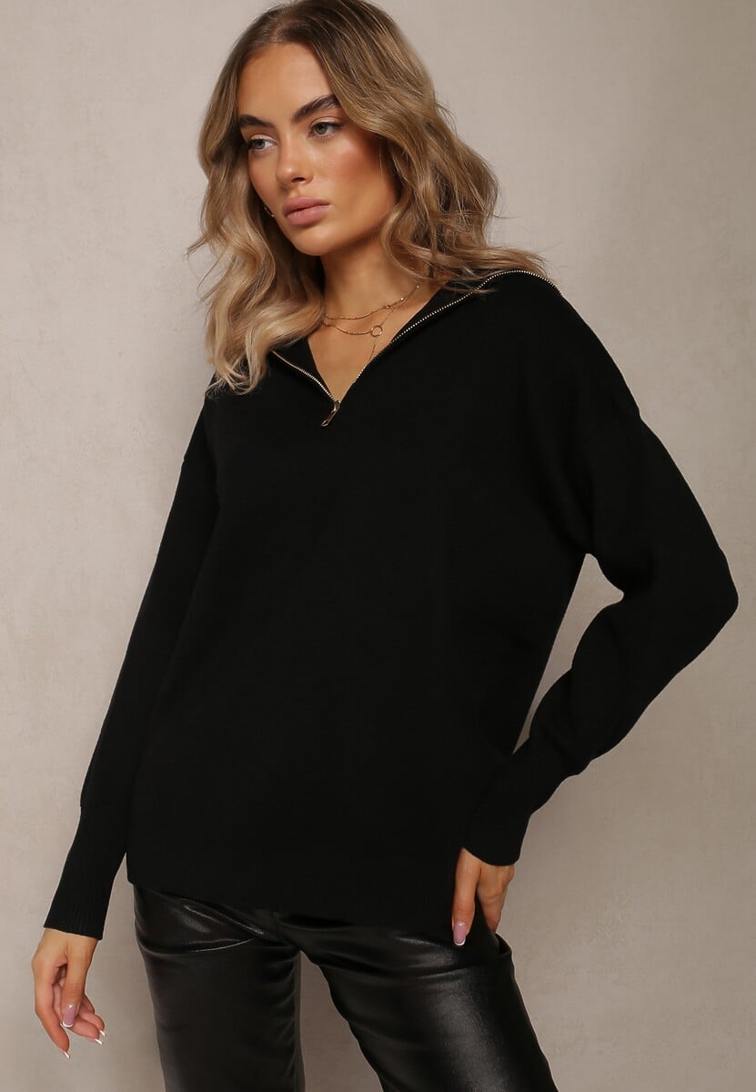 Czarny Golf w Stylu Sweterkowym z Zamkiem na Dekolcie Davinde