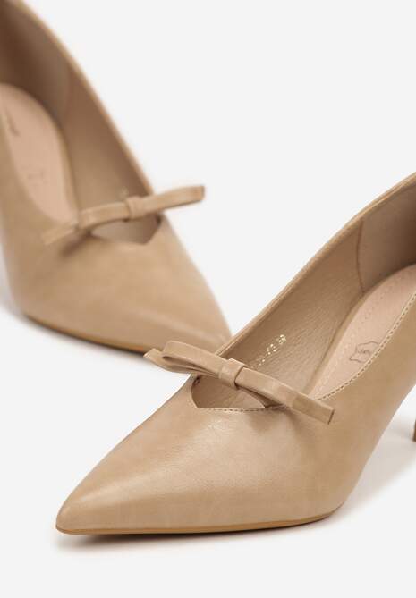 Ciemnobeżowe Czółenka na Szpilce Vices z Kokardą i Wkładką ze Skóry Naturalnej Rilanisse