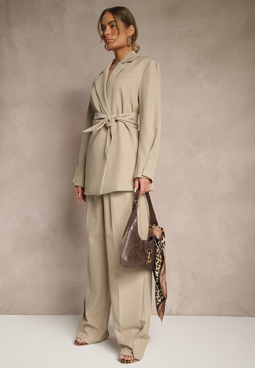 Jasnobeżowa Dwurzędowa Marynarka z Geometrycznym Wiązanym Paskiem Lanniva