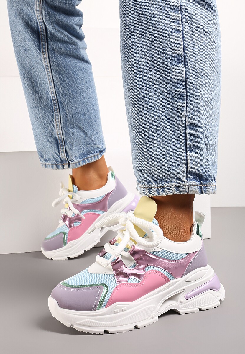 Różowo-Fioletowe Sneakersy na Platformie z Wycięciem i Grubymi Sznurówkami Bosylia