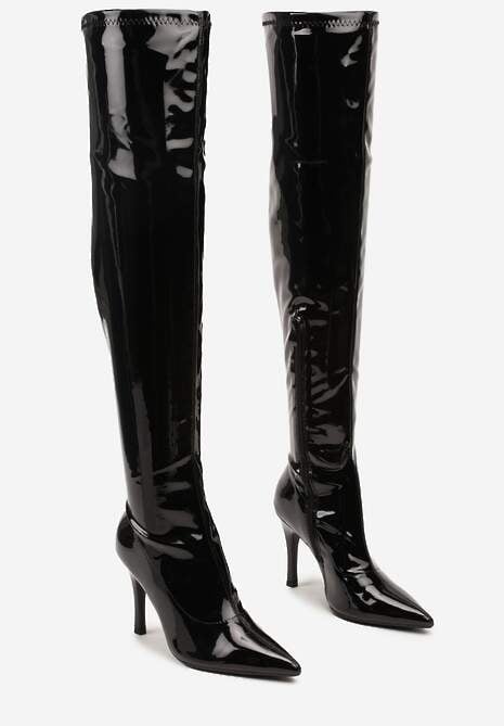 Czarne Kozaki na Obcasie z Przylegającą Cholewką za Kolano z Lakierowanym Połyskiem Nelasena