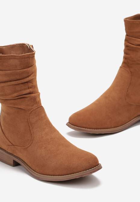 Brązowe Botki do Połowy Łydki z Imitacji Zamszu i Marszczoną Cholewką Alemiphae