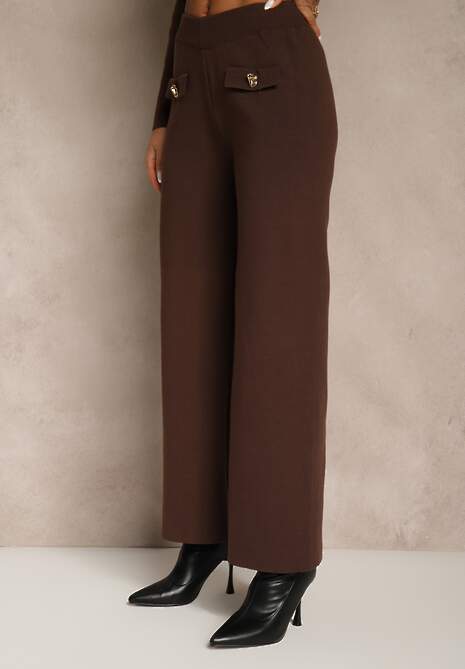 Brązowy Elegancki Komplet z Dzianiny z Wiskozą Kardigan i Spodnie Delinavea