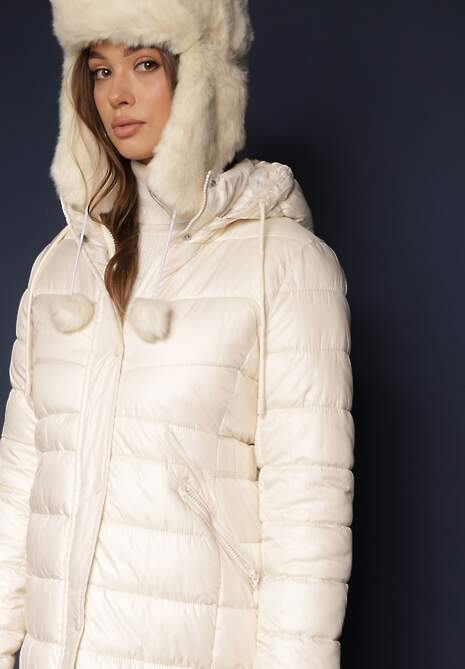 Jasnobeżowa Długa Kurtka z Kapturem i Dwustronnym Suwakiem Zdobiona Pikowaniem Sanvela