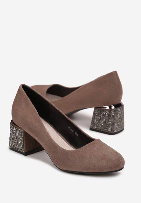 Beżowe Czółenka na Słupku z Cyrkoniami i Wkładką ze Skóry Naturalnej Millu