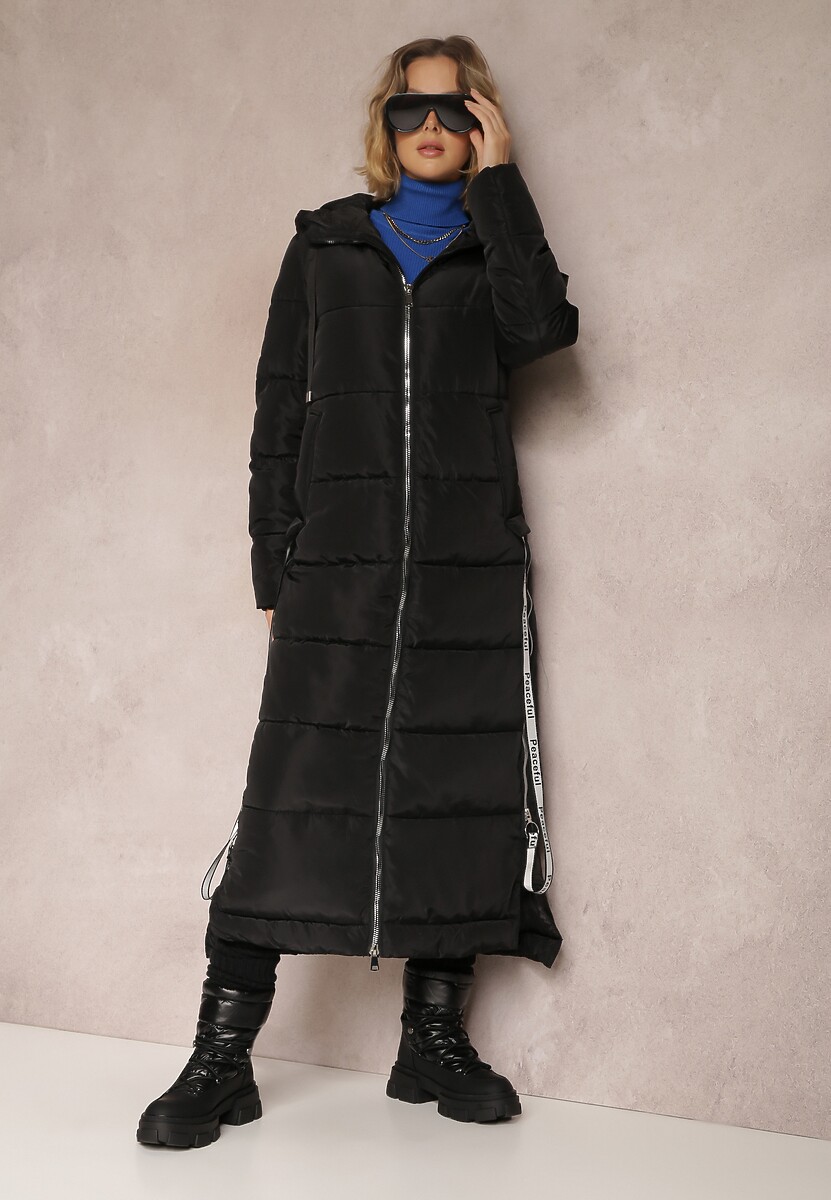 Czarna Kurtka Długa Pikowana z Kapturem Colpids