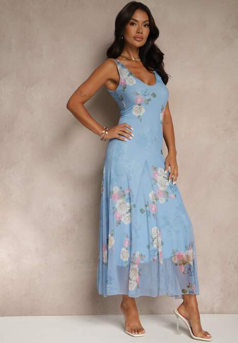 Niebieska Sukienka Siateczkowa w Kwiaty Milosea