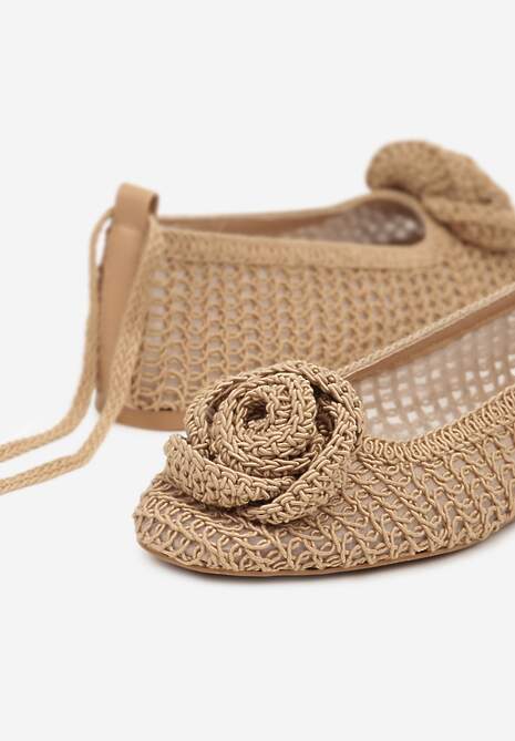 Brązowe Balerinki Vices z Plecionki Zdobione Wiązaniem i Aplikacją Erezelia