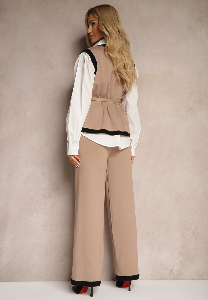 Beżowy Komplet z Dodatkiem Wiskozy Szerokie Spodnie Kamizelka z Paskiem Koszula Armelia