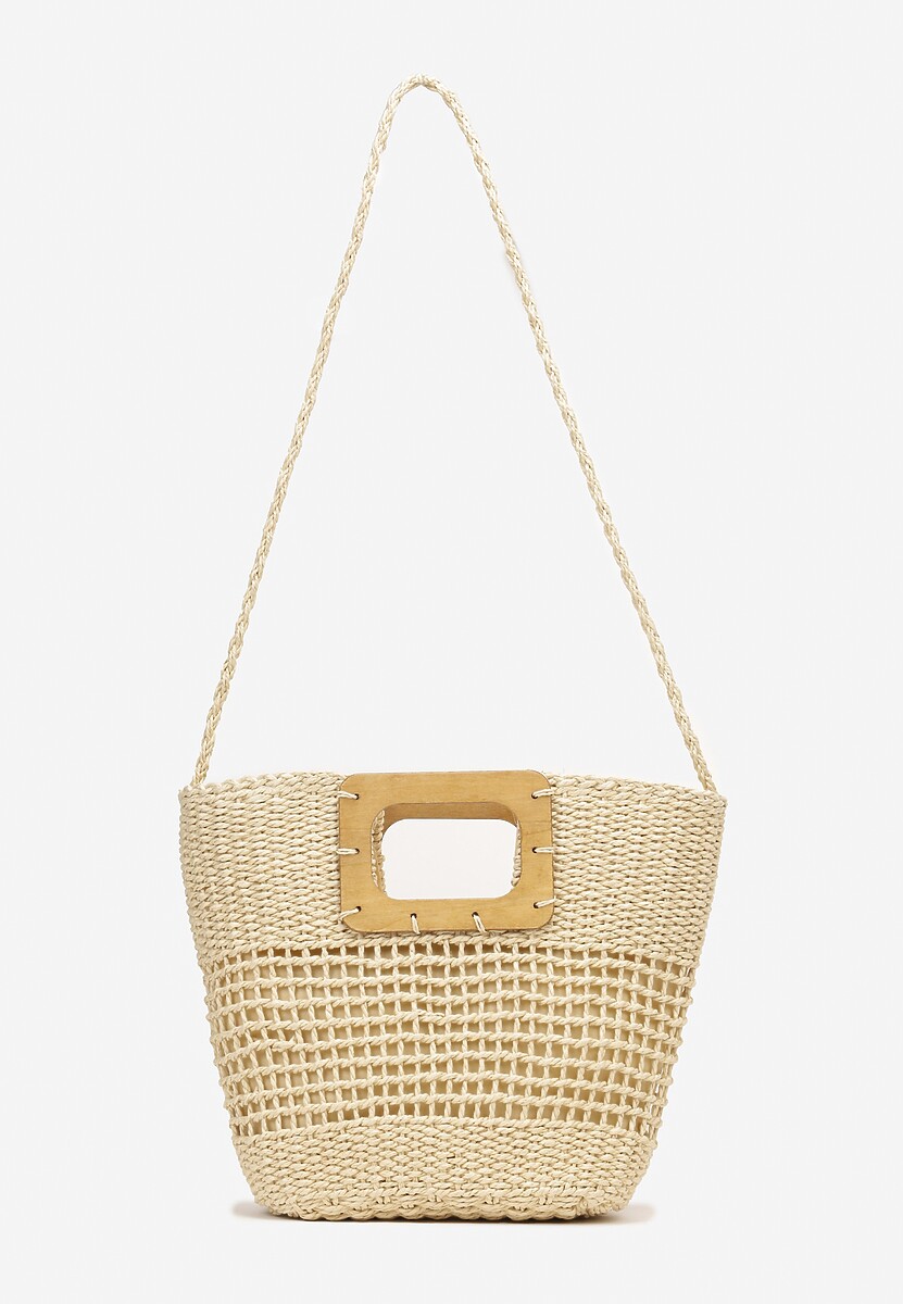 Jasnobeżowa Pleciona Torebka w Stylu Plażowym z Drewnianymi Uchwytami i Dłuższym Paskiem Rerina