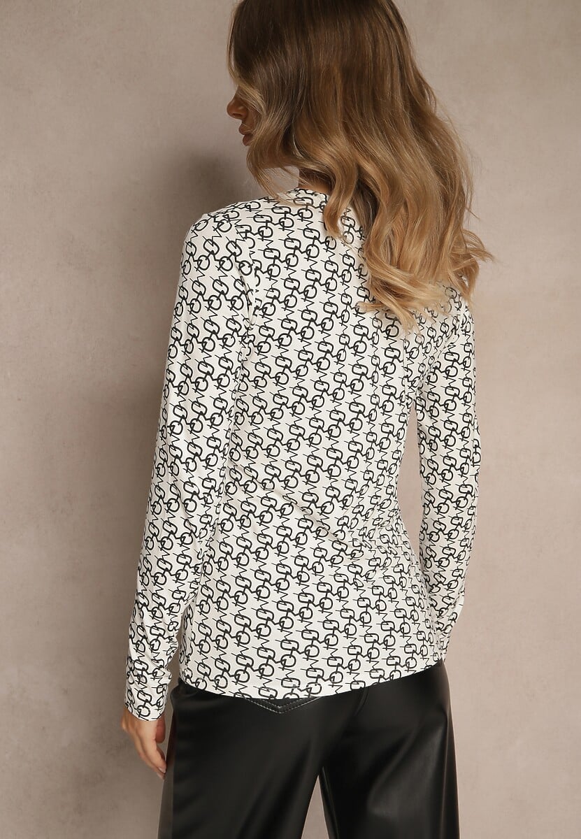 Czarno-Biała Bluzka Longsleeve z Bawełny Ozdobiony Literowym Wzorem Javelina