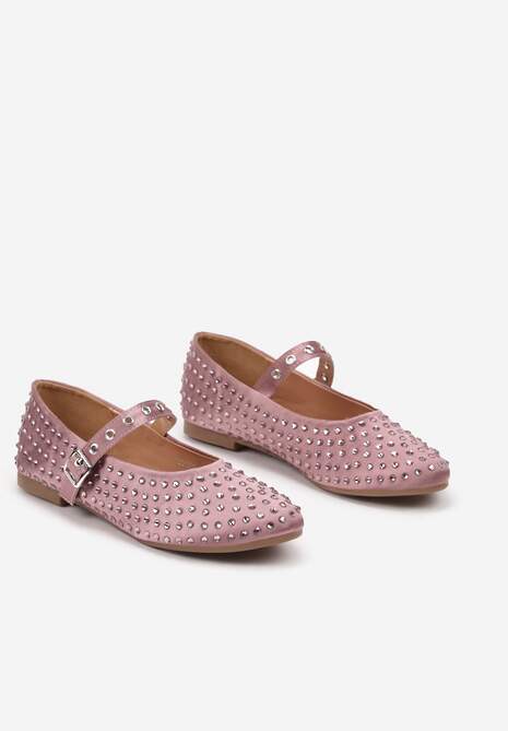 Beżowe Cyrkoniowe Balerinki w Stylu Mary Jane na Płaskiej Podeszwie z Ozdobnym Paskiem Armiola