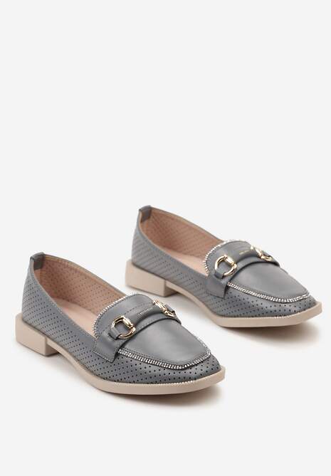 Niebieskie Półbuty w Stylu Loafersów z Perforacją Drobnymi Cyrkoniami i Klamrą Keryth
