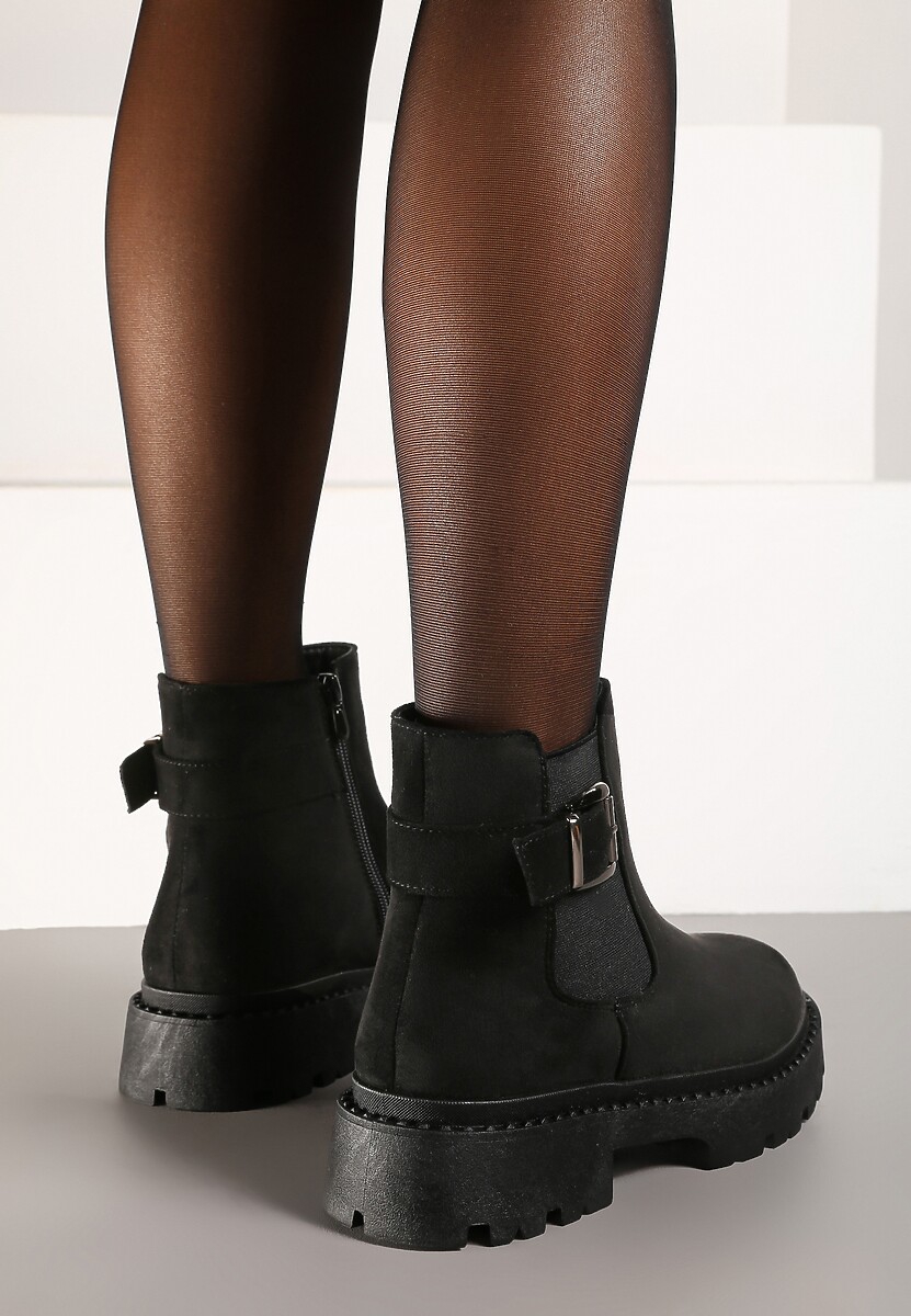 Czarne Botki na Płaskiej Podeszwie z Metaliczną Klamrą Tarlana