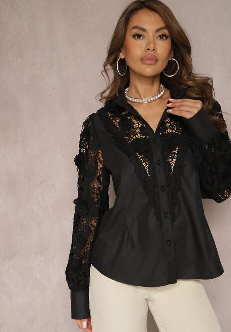 Czarna Koszula Koronkowa Zapinana na Guziki Aneries