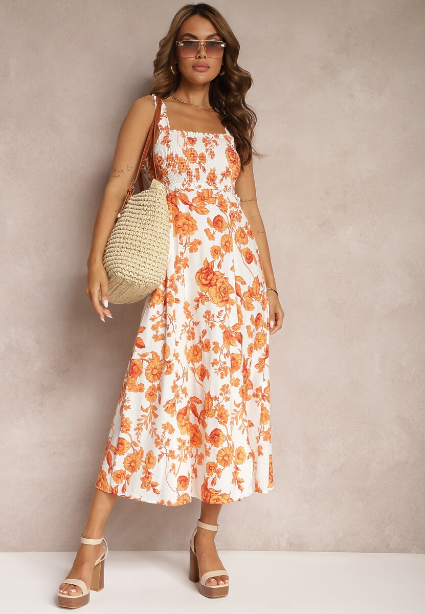 Biało-Pomarańczowa Sukienka z Bawełny na Ramiączkach z Gumką w Pasie i Ozdobnym Rozcięciem na Nogę Dimrrou