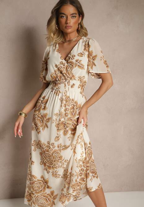 Jasnobeżowa Rozkloszowana Sukienka z Wiązaniem w Kwiatowy Wzór Jeloiti