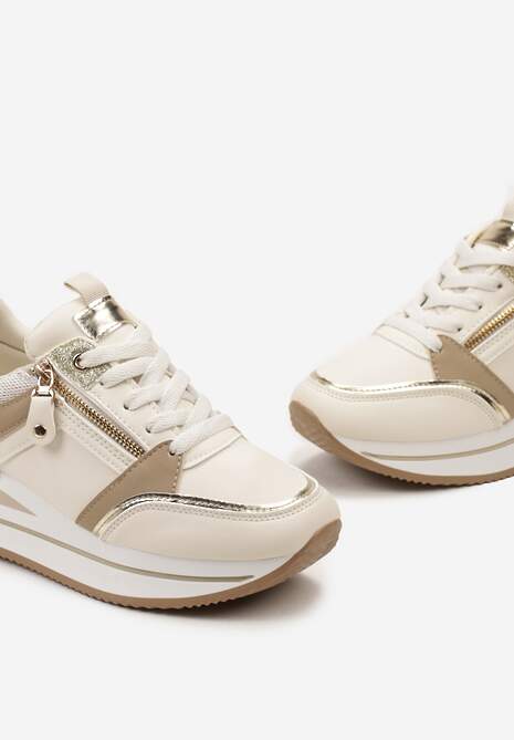 Beżowe Sneakersy na Platformie z Metaliczną Lamówką i Brokatem Bivina