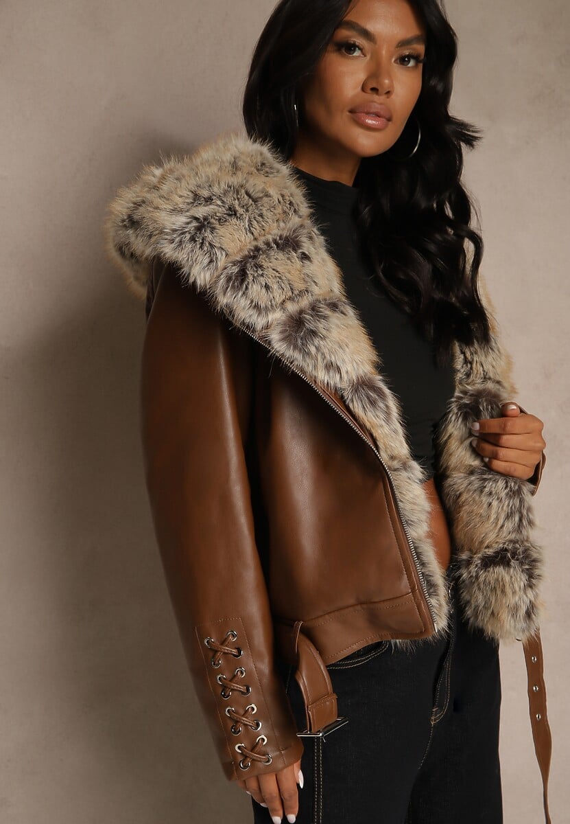 Brązowa Kurtka Ramoneska z Kapturem z Futrem z Możliwością Odpięcia Aplinna