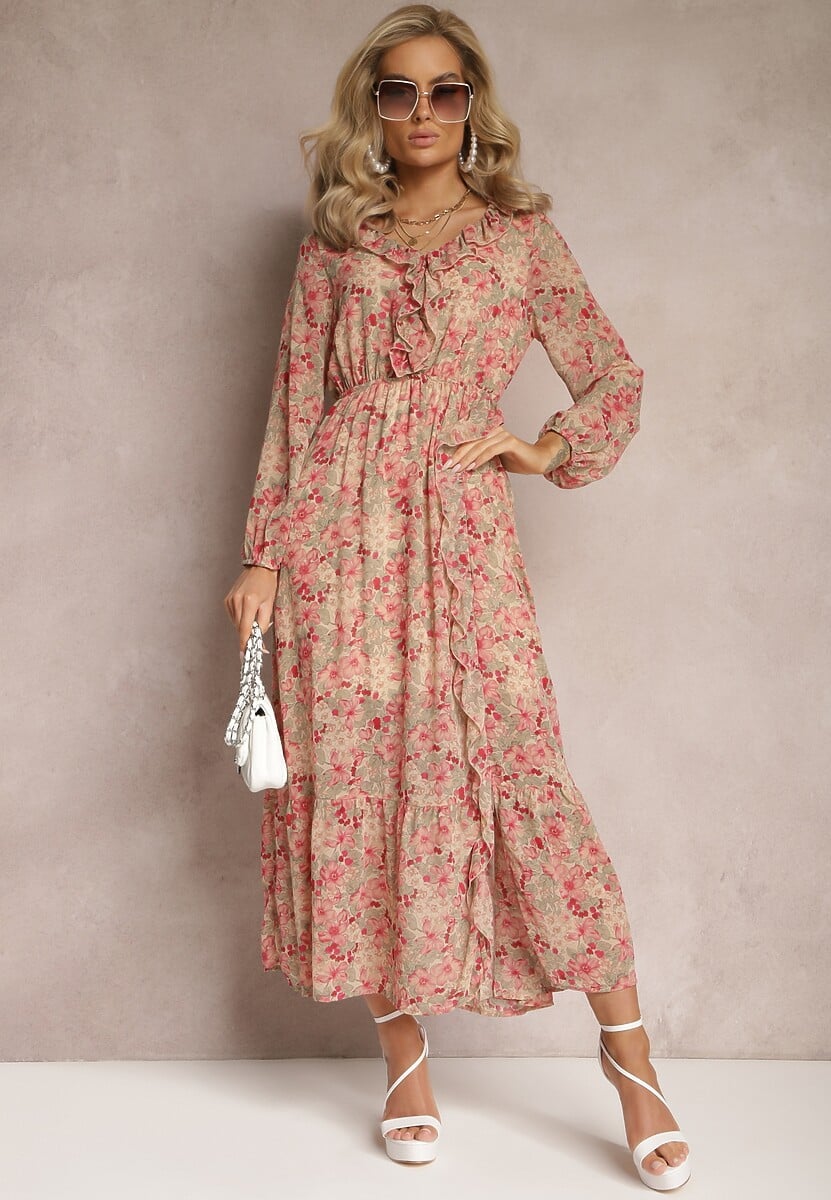 Beżowo-Różowa Sukienka Rozkloszowana w Kwiaty z Gumką w Pasie Bledareta