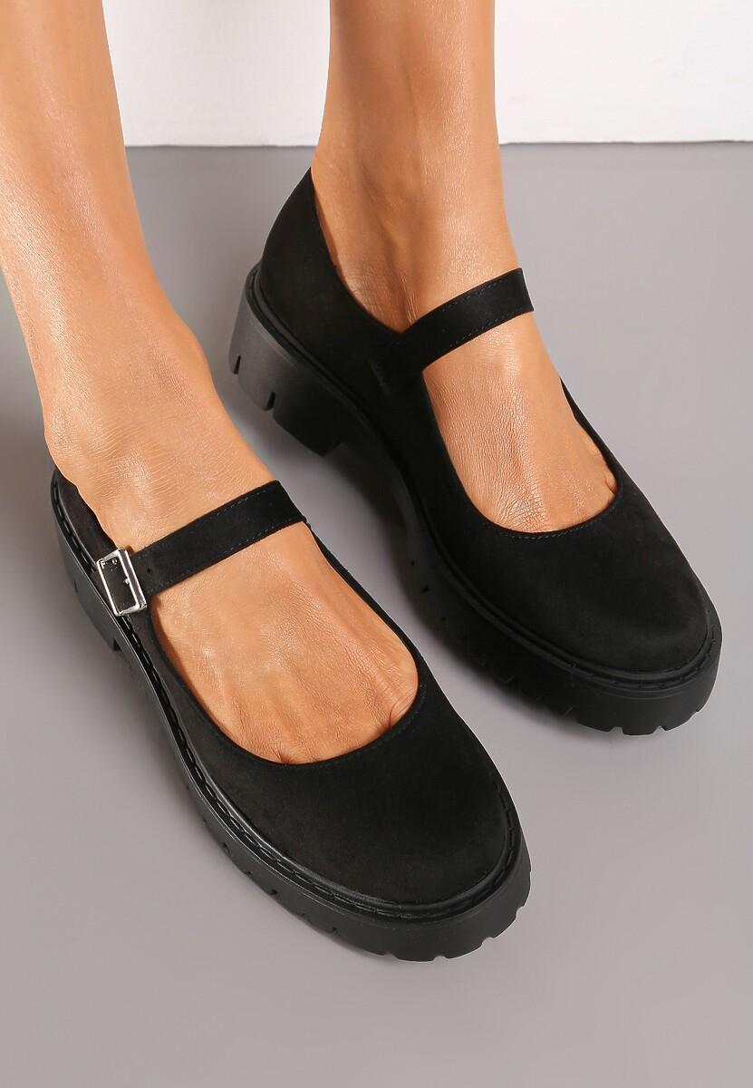 Czarne Półbuty z Imitacji Zamszu z Ozdobnym Paskiem i Sprzączką Gerxana