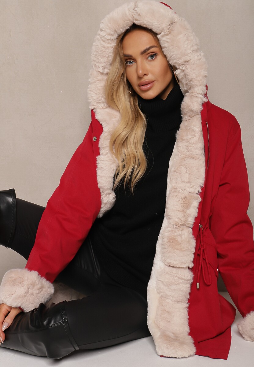 Ciemnoczerwona Kurtka Parka o Klasycznym Kroju z Kapturem i Futrem z Możliwością Odpięcia Ninnorina