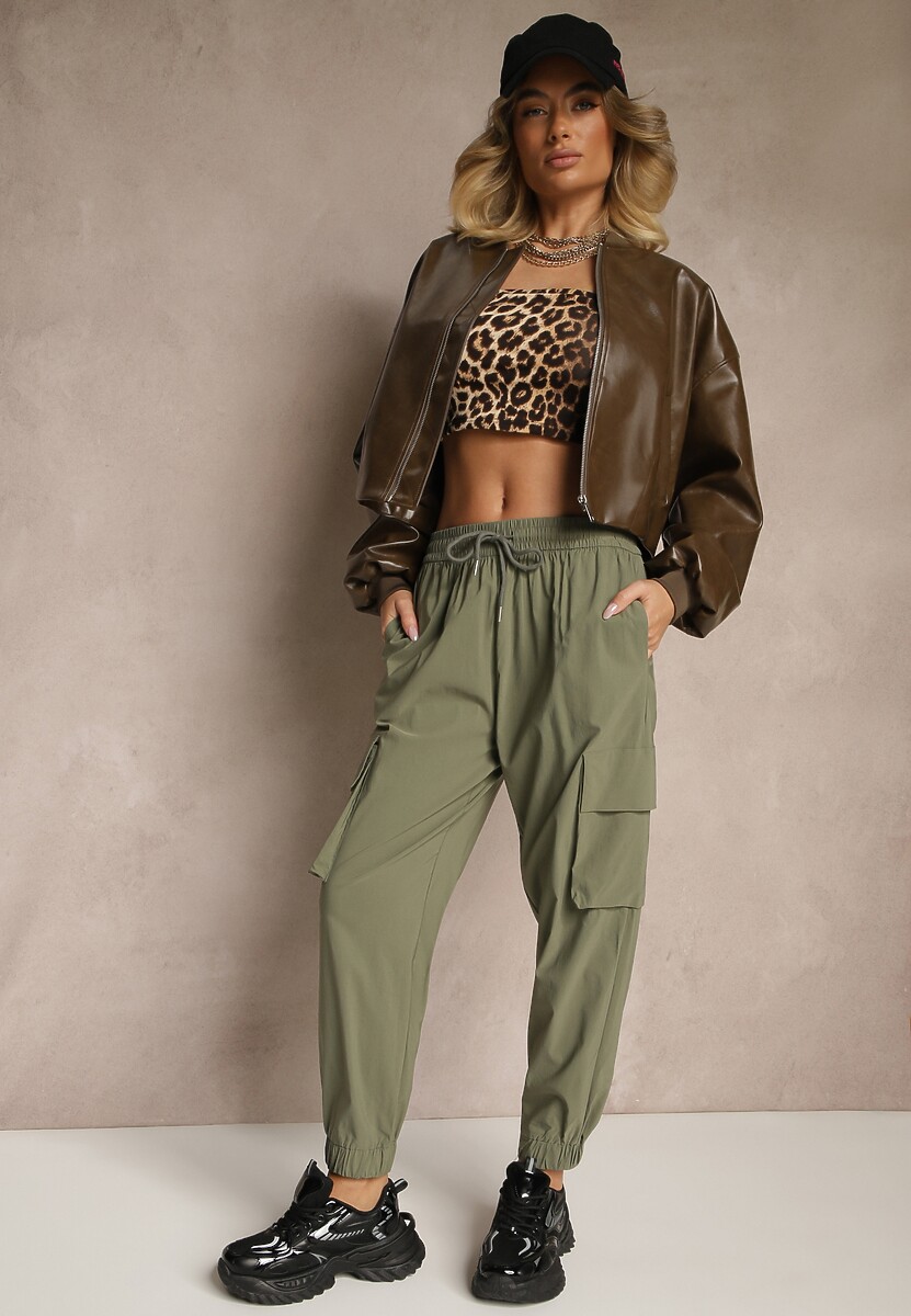 Zielone Spodnie Cargo z Bawełną High Waist Kolanielis