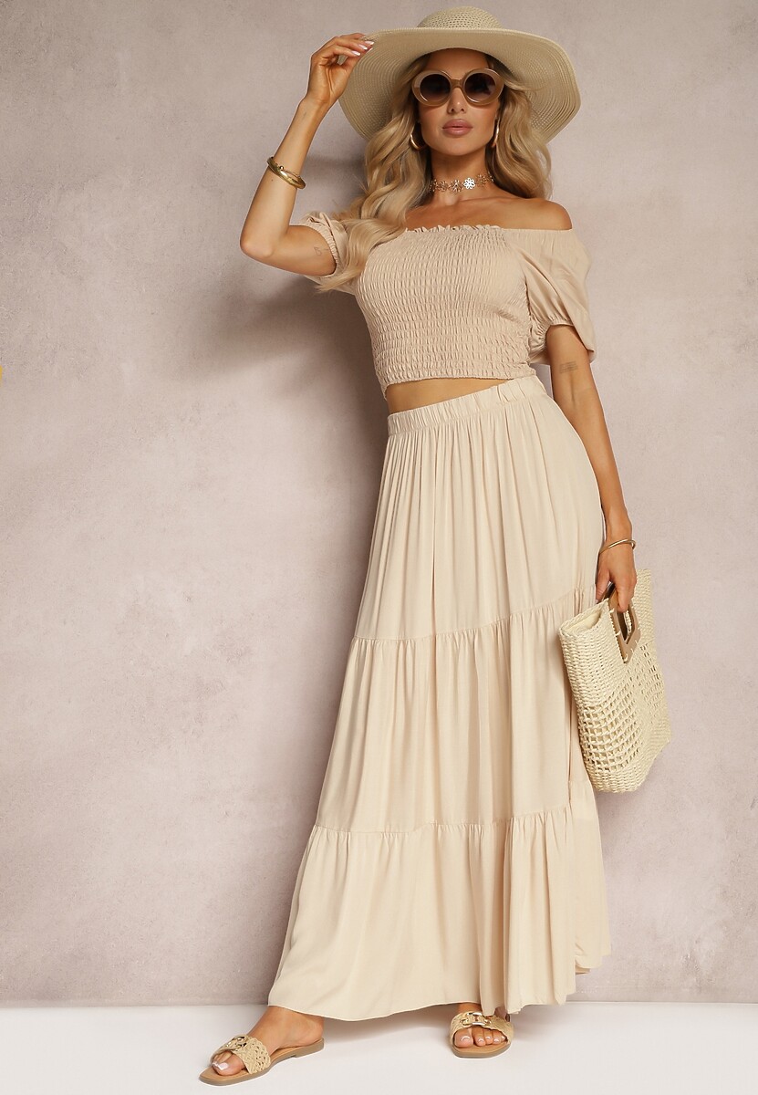 Ciemnobeżowa Wiskozowa Spódnica High Waist z Gumką w Talii i Falbanką Christiara